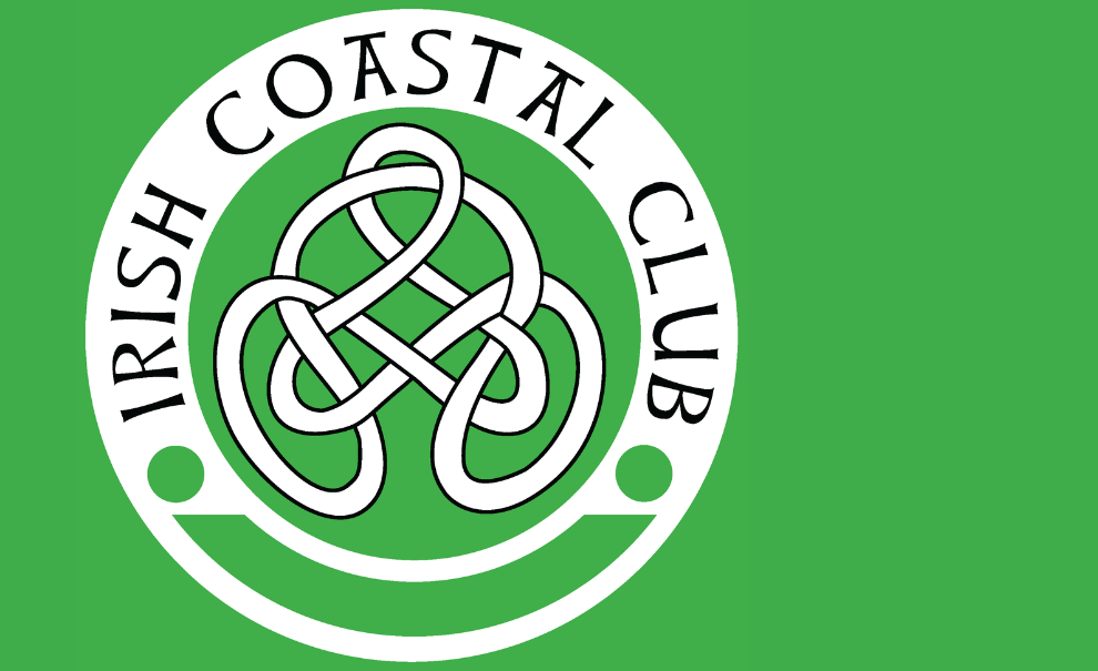 Irish coastal club logo green background with white Celtic symbol