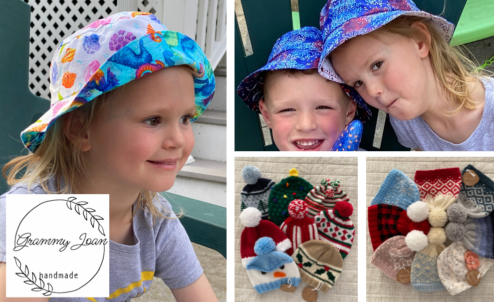 kids with colorful bucket hats and knitted hats laid out and logo reading grammy joan handmade