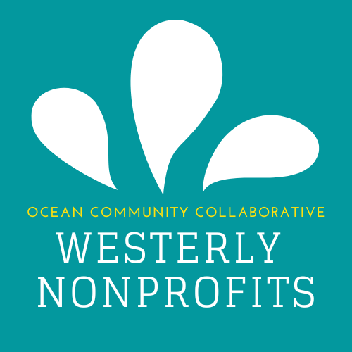 teal background with white water drops and yellow text ocean community collaborative white text westerly nonprofits